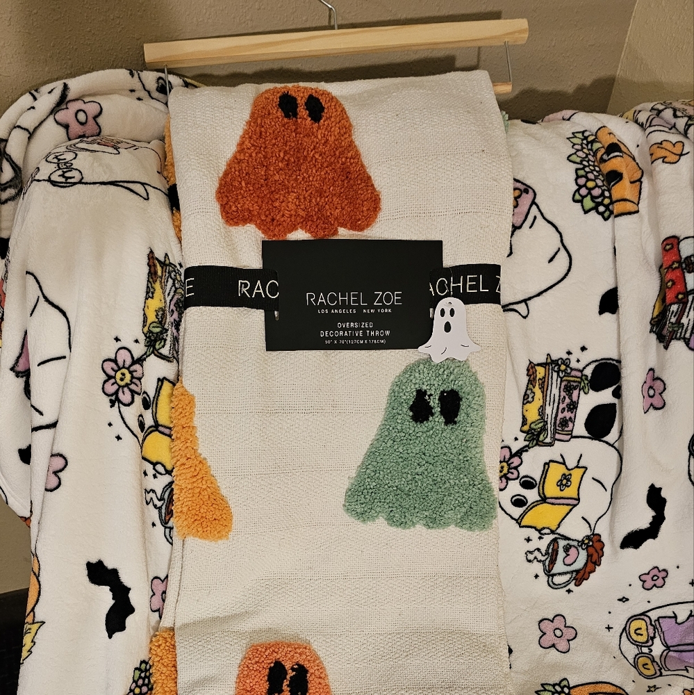 Rachel Zoe Festive Ghost Oversized Throw Blanket Orange, Green, White